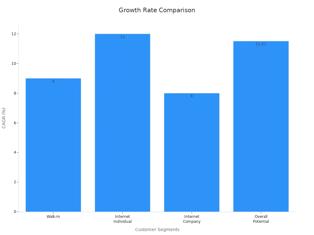 Bar chart showing CAGR values for walk-in, internet individual, internet company, and overall potential segments